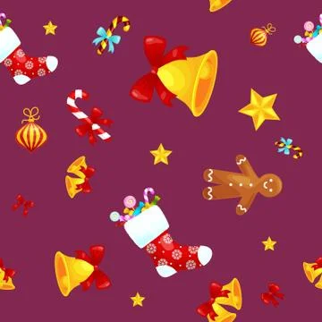 Christmass seamless pattern gingerbread man cookies, jingle bells stocking .. Stock Illustration