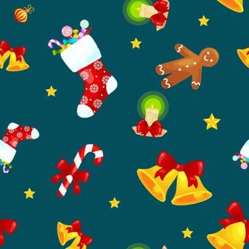 Christmass seamless pattern gingerbread man cookies, jingle bells stocking .. Illustrazione stock