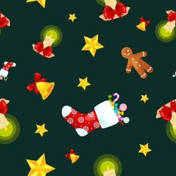 Christmass seamless pattern gingerbread man cookies, jingle bells stocking .. イラスト素材