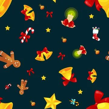 Christmass seamless pattern gingerbread man cookies, jingle bells stocking .. Stock Illustration