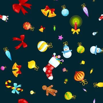 Christmass seamless pattern gingerbread man cookies, jingle bells stocking .. 스톡 일러스트