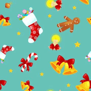 Christmass seamless pattern gingerbread man cookies, jingle bells stocking .. Stock Illustration