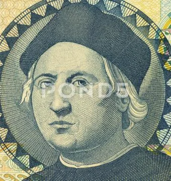 Christopher Columbus on 1 Dollar 1992 Banknote from Bahamas Stock Photos