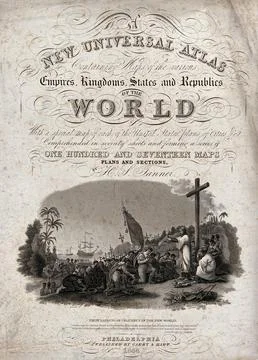 Christopher Columbus and his crew, arriving in America, kneel before the Cr.. Stock Illustration