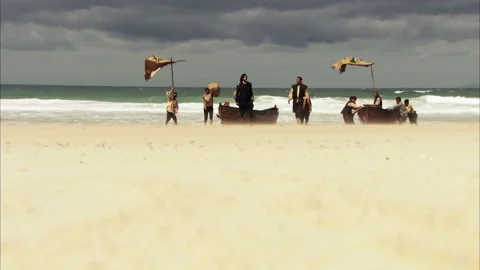 Christopher Columbus and his men hitting on land, 1492 - Reenactment Video stock 202910559