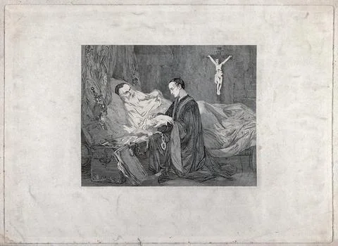 Christopher Columbus on his death bed with a young man kneeling at the beds.. Stock Illustration