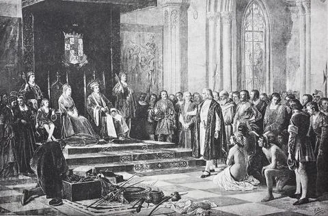 Christopher Columbus returning from his first voyage in front of the Spanish Ilustração Stock