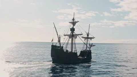 Christopher Columbus ship at the cost of Madeira Stock Footage