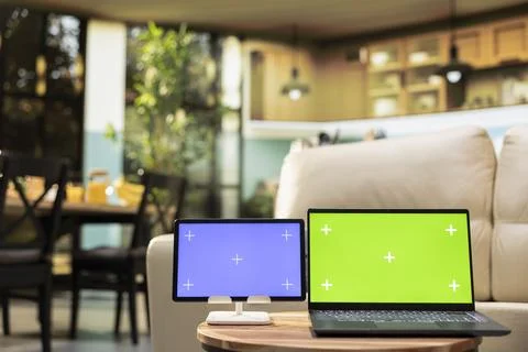 Chroma key and blue screen in living room indoors with coffee table Stock Photos