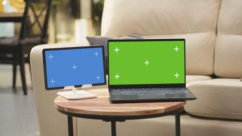 Chroma key and blue screen in living room indoors with coffee table Stock Photos