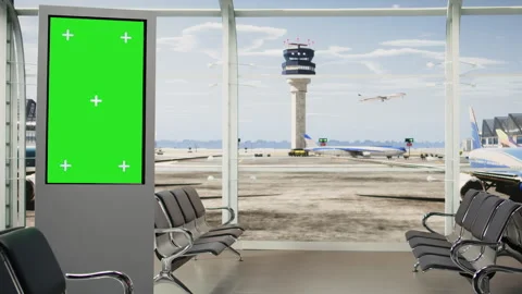 Chroma key board screen in empty airport lounge with runway on big windows Stock Footage 343736375