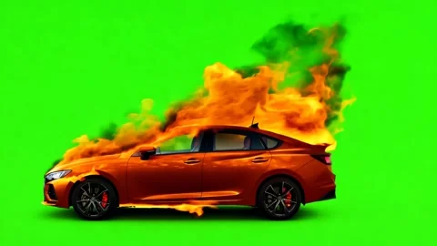 Chroma-key burning car wreck on green screen 3d animation Stock Footage 289723917