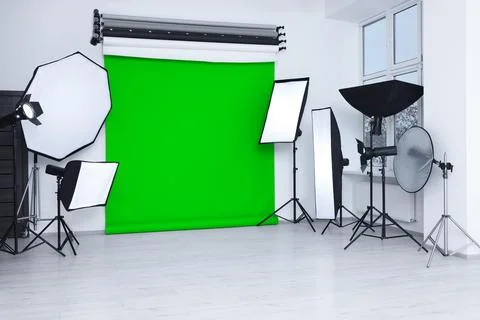 Chroma key compositing. Green backdrop and equipment in studio Stock Photos