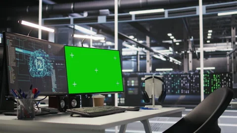 Chroma key computer display in server room simulating AI environment Video stock 309619160