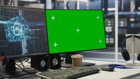 Chroma key computer display in server room simulating AI environment Stock Photos