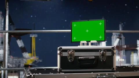 Chroma key display on empty offshore oil platform serves as testing site Stock Photos