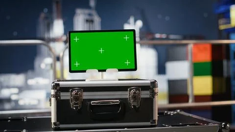 Chroma key display on empty offshore oil platform serves as testing site Stock Photos