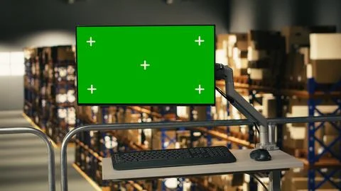 Chroma key display mockup in empty warehouse facility designed for e-commerce Stock Photos