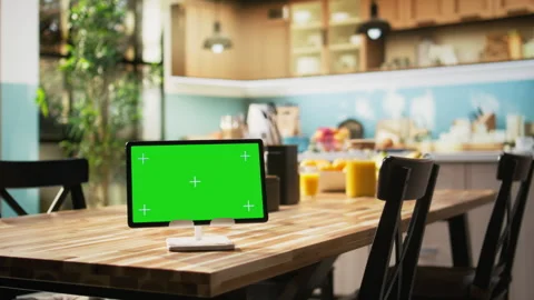 Chroma key display on tablet placed on dining table in rustic empty kitchen Stock Footage 323404513