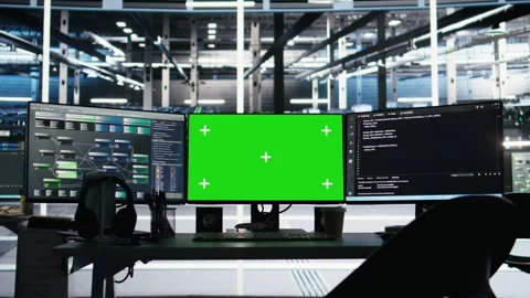 Chroma key displays in server farm displaying node tree programming tool Stock Footage 307015934