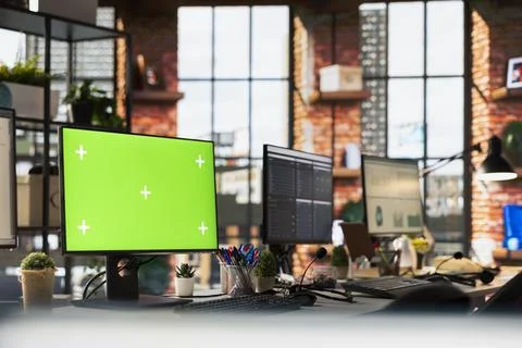 Chroma key isolated screen computer displays in customer support workspace Stock Photos