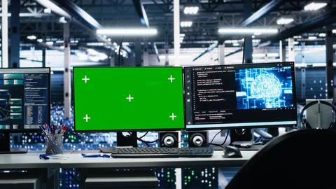 Chroma key isolated screen computers managing data center gear using AI Stock Photos