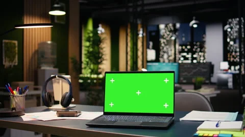 Chroma key on laptop in empty office interior with open space layout Stock Footage 334043804