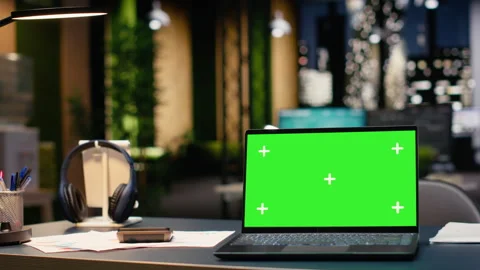 Chroma key on laptop in empty office interior with open space layout Stock Footage 334044397