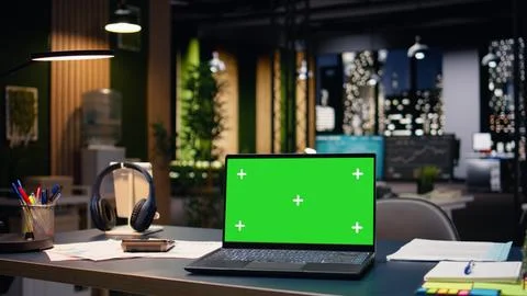 Chroma key on laptop in empty office interior with open space layout Stock Photos