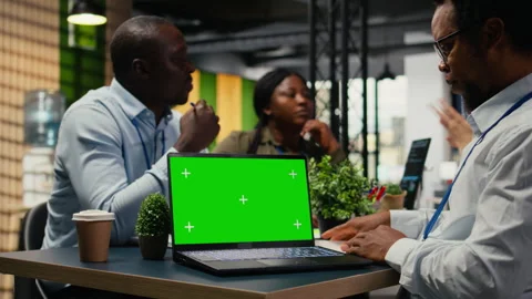 Chroma key laptop used by tech startup office engineer doing meeting Stock Footage 323029285