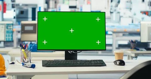 Chroma key mockup computer used to inspect solar plant machinery Stock Photos