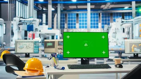 Chroma key mockup computer used to inspect solar plant machinery 스톡 사진
