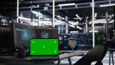 Chroma key notebook and PCs in high tech data center workspace Stock Photos