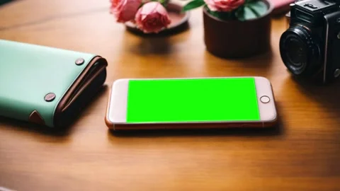 Chroma key or green screen placed on a smartphone screen on a wooden table. Video stock 254523630