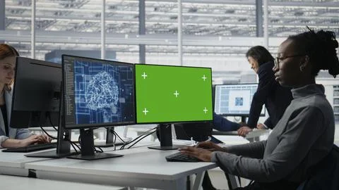 Chroma key PC, reviewing microchip production and RD factory specialist using AI Stock Photos