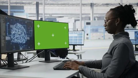 Chroma key PC, reviewing microchip production and RD factory specialist using AI Stock Photos