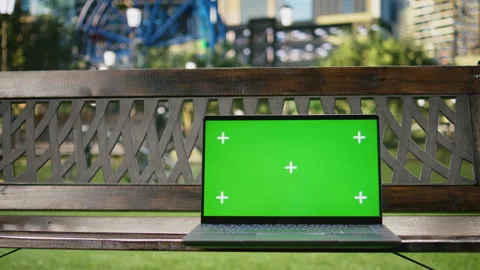 Chroma key replaceable screen on laptop in urban park with skyscrapers Stock Footage 343502042