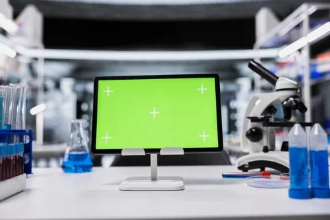 Chroma key tablet in empty lab with software used for analyzing genetic markers Stock Photos
