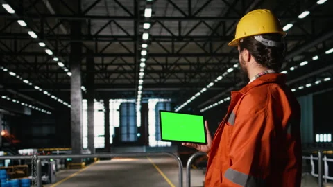 Chroma key tablet, engineer with hard hat, heavy industry, production line Stock Footage 330140239