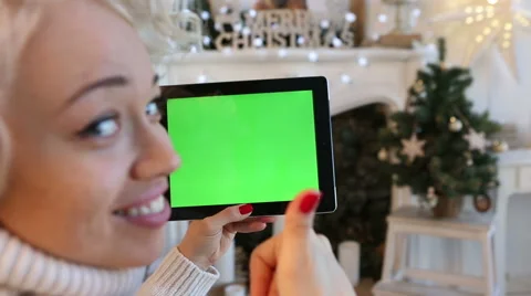Chroma key tablet pc ipad Christmas girl Vídeo Stock 54440000