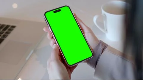 Chroma Key Tracking iPhone Two Hands Hold Vertical Smartphone Touchsceen Device Stock Photos