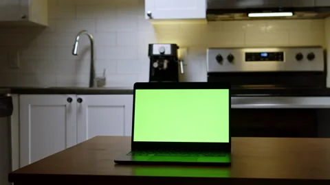 Chromakey Laptop On Kitchen Table In Evening Light With Professional Composition Stock Footage 315355492