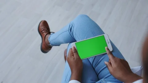 Chromakey Tracking or Green Screen Display. African American Adult Girl Touches Stock Footage 121093983