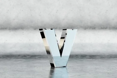 Chrome 3d letter V lowercase. Glossy chrome letter on scratched metal background Illustration