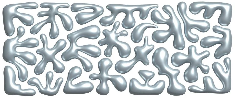 Chrome 3D liquid metal elements set in Y2K style. Wavy metal shapes and silver Stock Illustration