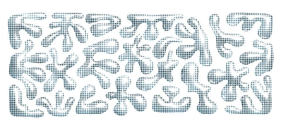 Chrome 3D liquid metal elements set in dotted halftone style. Wavy metal shapes Illustrazione stock