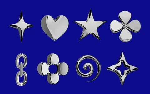 Chrome 3D Y2K shape icon with design in heart star or flower styles. Swirl Stock Illustration