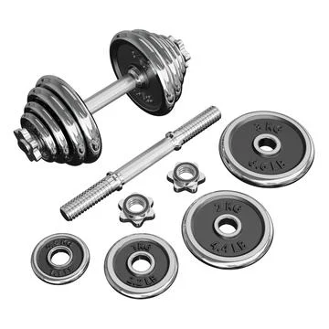 Chrome Adjustable Dumbbel and one taken apart. Rod handle, weight plates, loc Stock Illustration