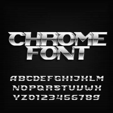 Chrome alphabet font. Metallic effect italic letters and numbers Stock Illustration