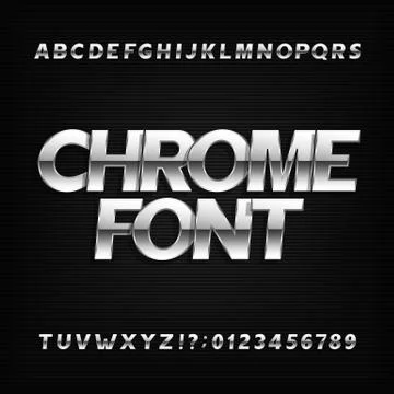 Chrome alphabet font. Metallic effect sans serif letters and numbers Stock Illustration